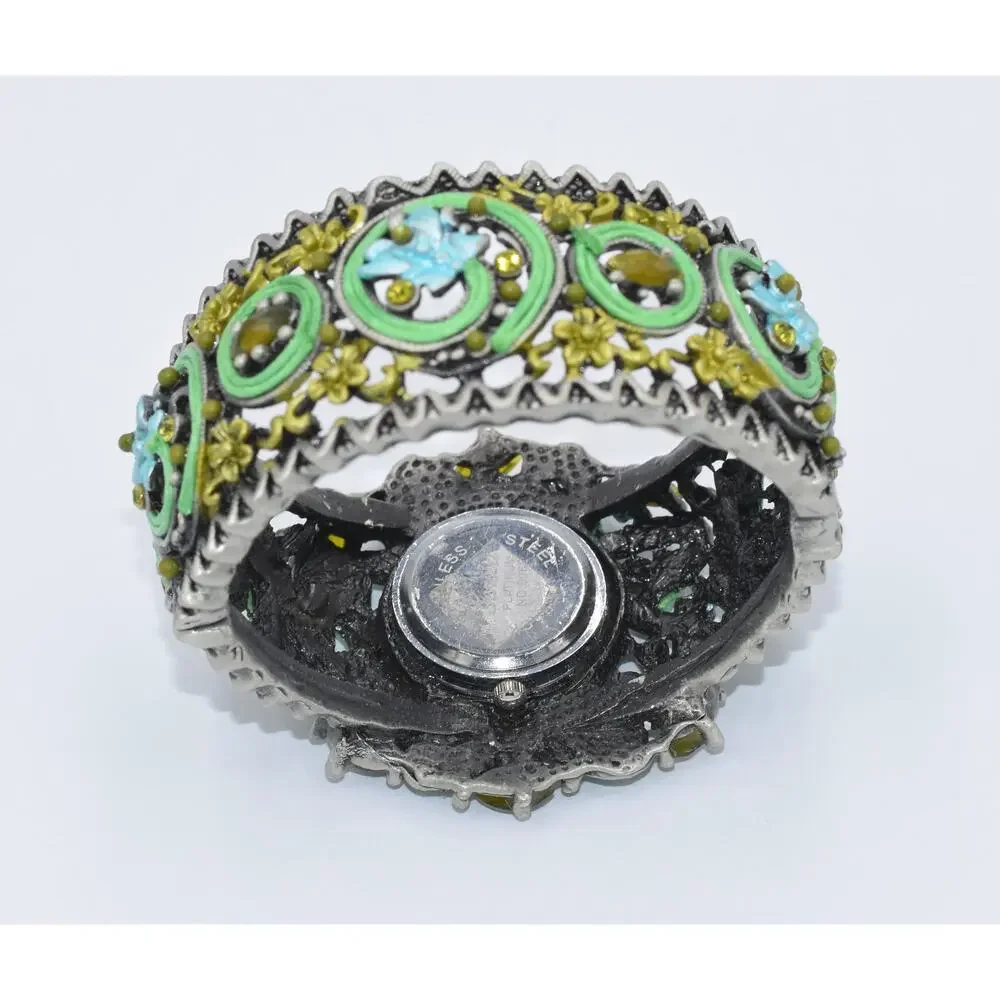 Geneva Couture Ribbon Soutache & Crystal Ornate Quartz Cuff Watch NEW BATTERY
